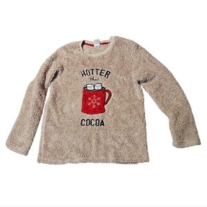 Cozy Womens Tan Fleece Sweater with Red Mug Design Size Large